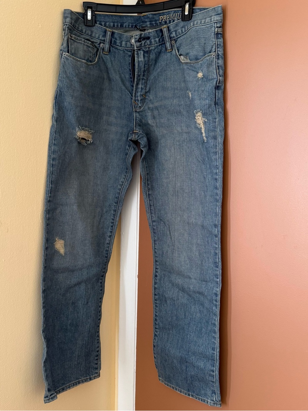 Gap Premium Straight Fit Jeans Mens 33x30 Distressed Ripped Blue Denim 1969